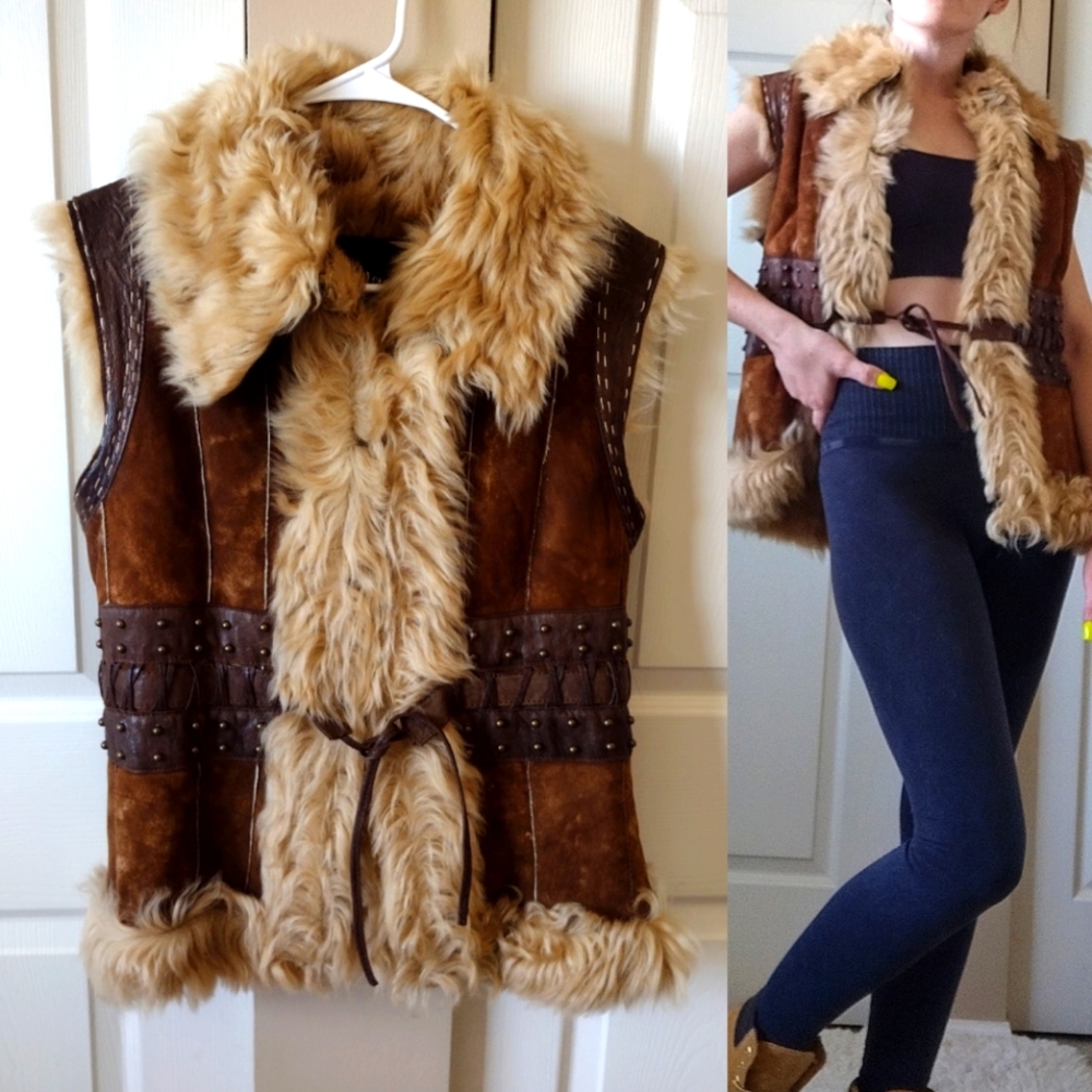 Vintage Italian Leather Corset Real Shearling Winter Viking Vest